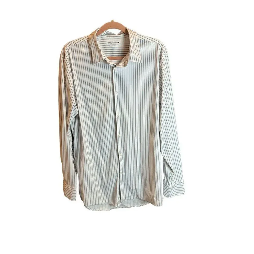 Zara Men’s Slim Fit Striped Long Sleeve Button-Up Shirt Blue Size XL